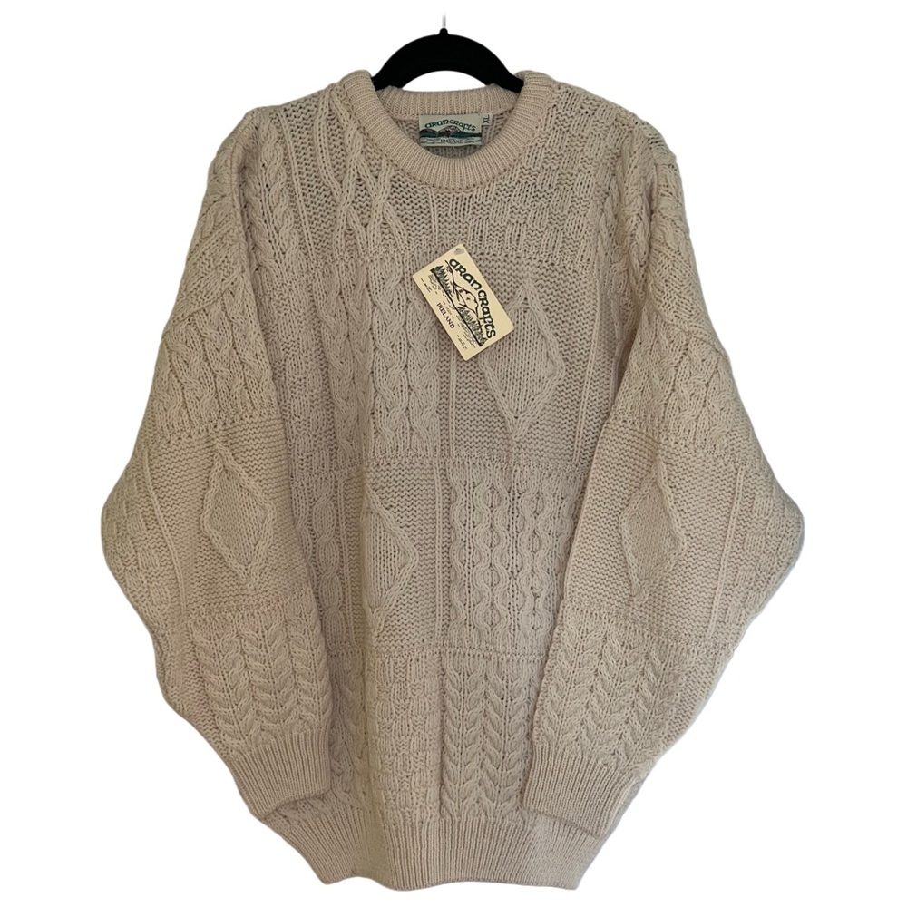 Aran Crafts Cream Cable-Knit Crewneck Irish 100% Wool Sweater Size XL SMALLFLAW